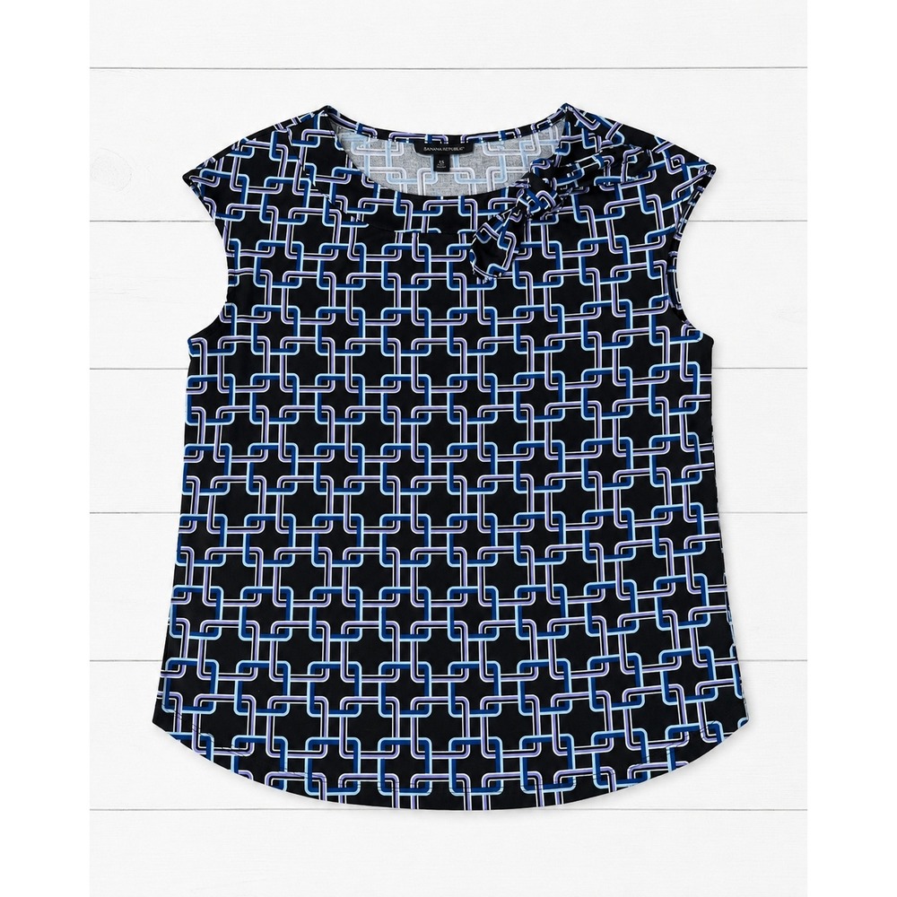 New York & Company 7th Avenue Geometric Print Sleeveless Tie Neck Top Blue Black